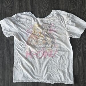 white vintage Plastik anime t-shirt with a graphic of four characters